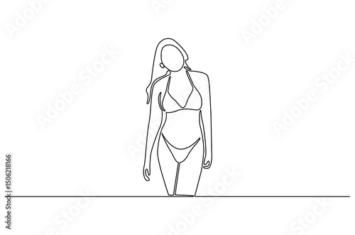 Continuous one line drawing of Woman with bikini for holiday. Single line drawing illustration of Beautiful woman with bikini. Summer vacation concept vector art. Doodle line illustration.