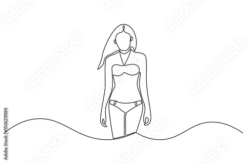 Continuous one line drawing of Woman with bikini for holiday. Single line drawing illustration of Beautiful woman with bikini. Summer vacation concept vector art. Doodle line illustration.