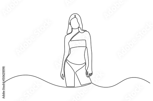 Continuous one line drawing of Woman with bikini for holiday. Single line drawing illustration of Beautiful woman with bikini. Summer vacation concept vector art. Doodle line illustration.