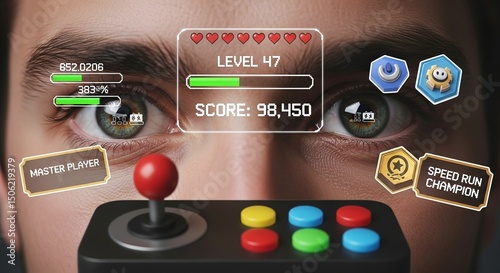 Gamer Eyes with Futuristic HUD Interface and Arcade Controls