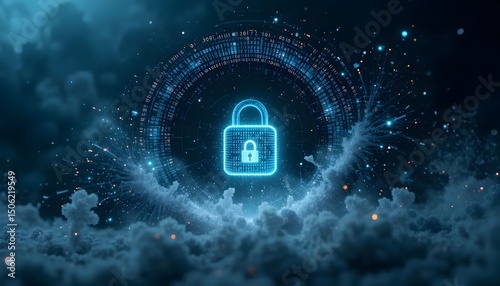 Wallpaper Mural A glowing blue padlock hovers amidst digital data streams and clouds, symbolizing secure technology. Torontodigital.ca