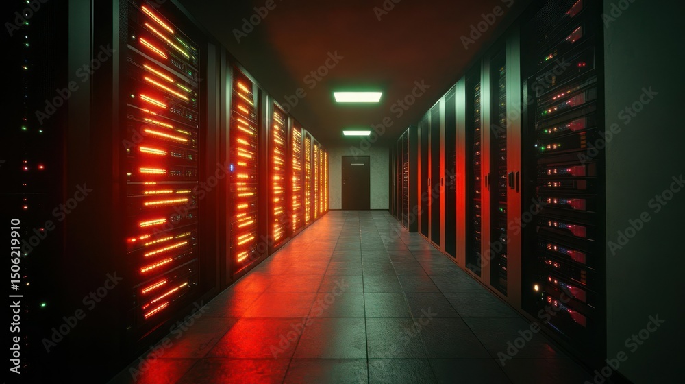 Fototapeta premium Data Center Server Room with Rows of Rack Servers