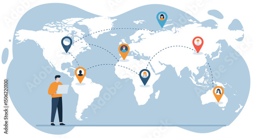 Global network co working with person using laptop in front of world map