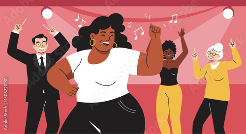 Overweight Latina woman dancing with confidence at a party full of diverse people enjoying the music.