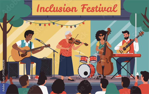 Diverse group of musicians playing together on a crowded street stage