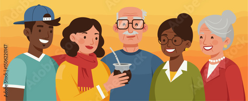 Diverse group of people enjoying a mate in a traditional round of mate drinking