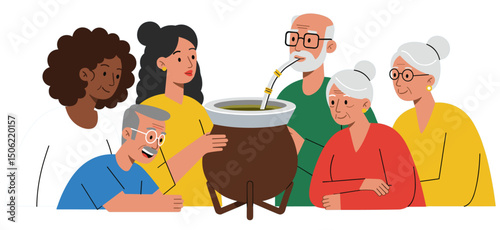 People of different ages and ethnicity drinking mate, a traditional beverage in South America.