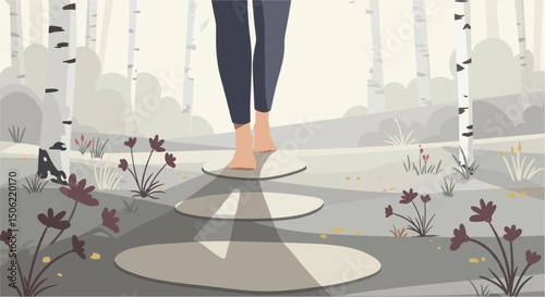Close-up of a person walking barefoot along a path of stones and flowers. Zen and mindfulness