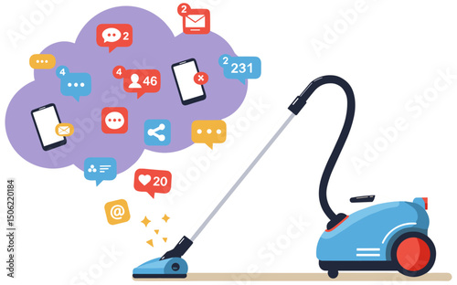 Vacuum cleaner trying to suck up a cloud of smartphone notifications floating in the air.