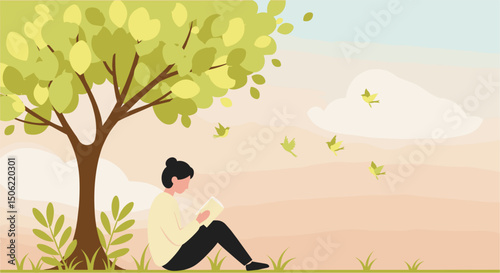 Woman sitting peacefully reading a book by a tree on a park