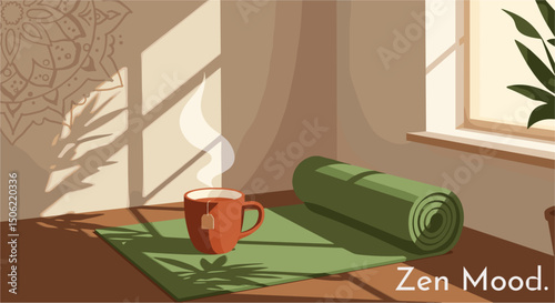 Zen mood scene with yoga mat, cup of hot tea and window lets in a dim warm light