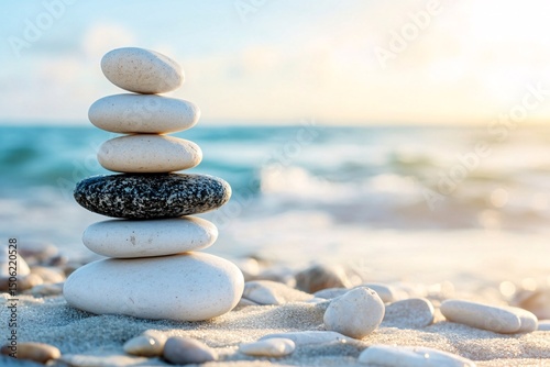 Balanced stones rest upon each other on the sandy beach as the sun sets