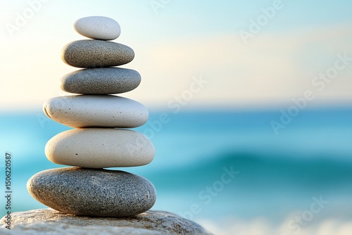 Balanced stones rest upon each other on the sandy beach as the sun sets