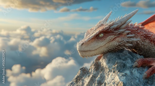 Dragon Perched Atop Mountain Peak, Clouds Below
