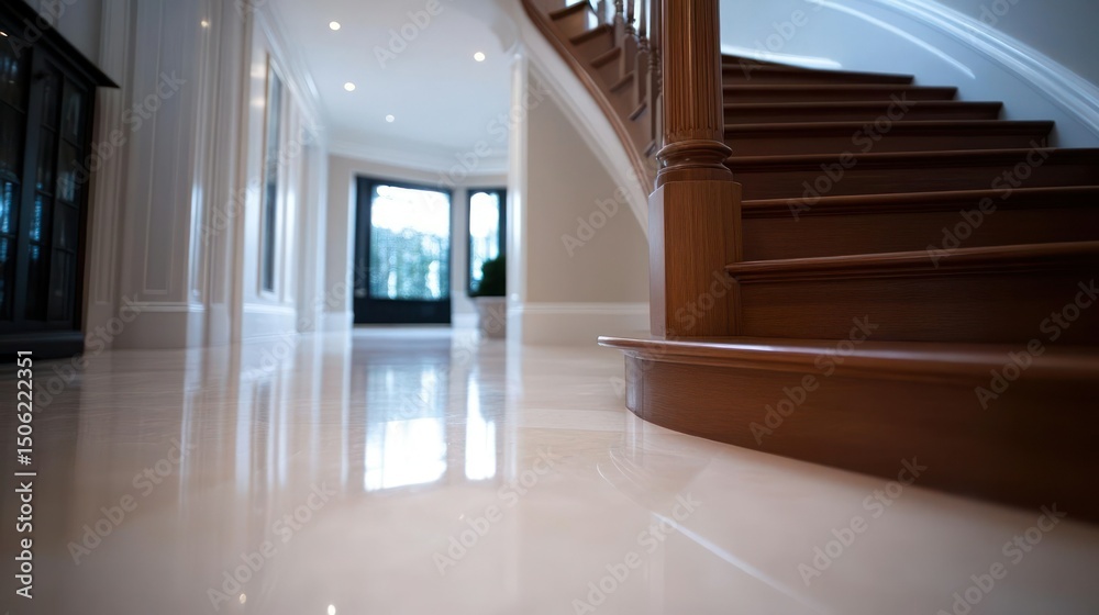 Obraz premium Elegant Home Foyer with Wood Staircase and Polished Marble Floor