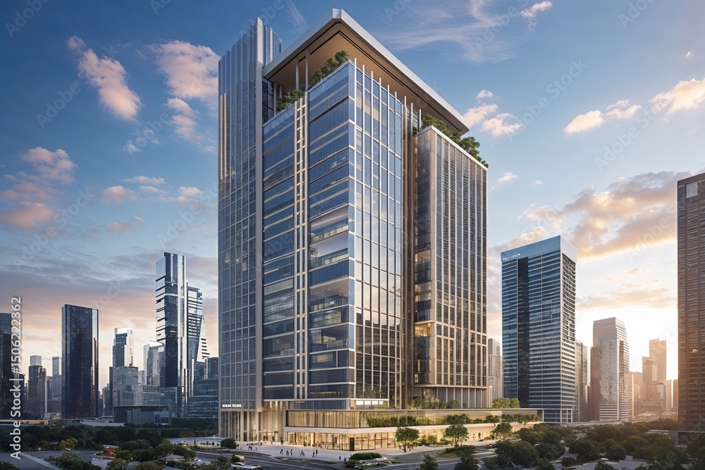 Futuristic High-Rise Commercial Building Exterior in Urban Skyline Futuristic High-Rise Commercial Building Exterior in Urban Skyline