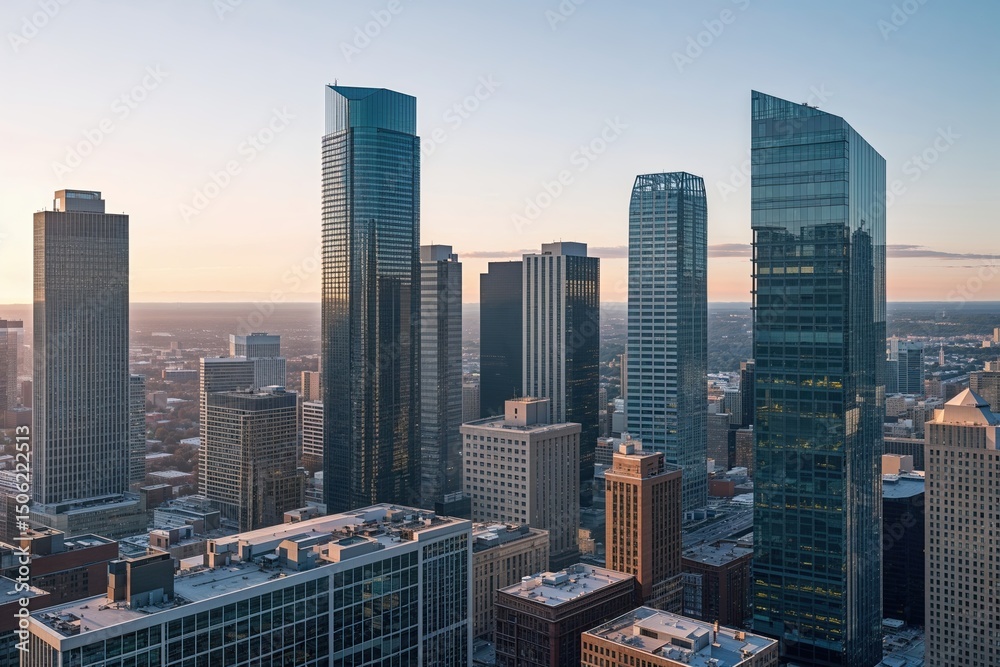 Obraz premium Urban Landscape of High-Rise Office Towers in a Contemporary Downtown Skyline