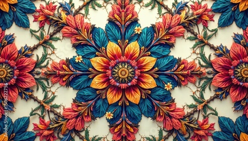 Intricate floral textile design, repeating motif , style, print