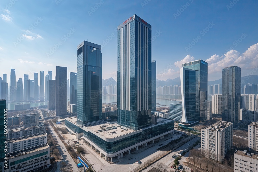Vacant Offices and Iconic Towers in the Financial District of Qingdao: Showcasing Urban Ambiance and Modern Architecture Vacant Offices and Iconic Towers in the Financial District of Qingdao: Showcasing Urban Ambiance and Modern Architecture