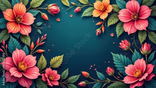 Intricate floral pattern, vibrant blooms & leaves, plants, floral design, decoration