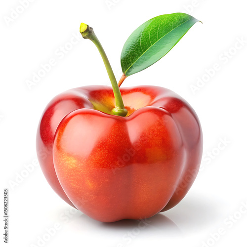Single fresh acerola cherry with green leaf isolated