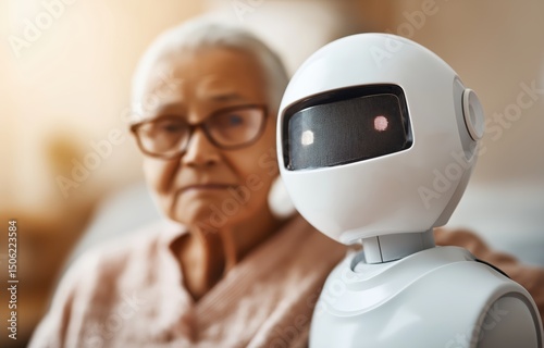 Innovative AI companion robot providing companionship to elderly woman, enhancing emotional well-being and reducing loneliness photo