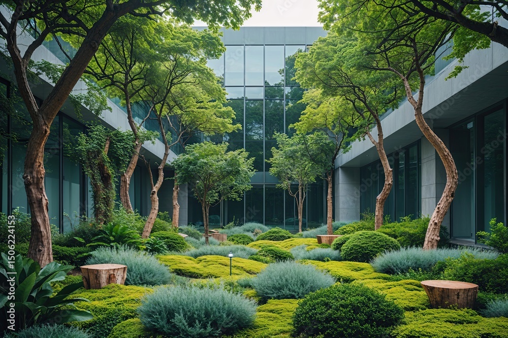 Obraz premium Enchanted Greenery Surrounding a Modern Business Building