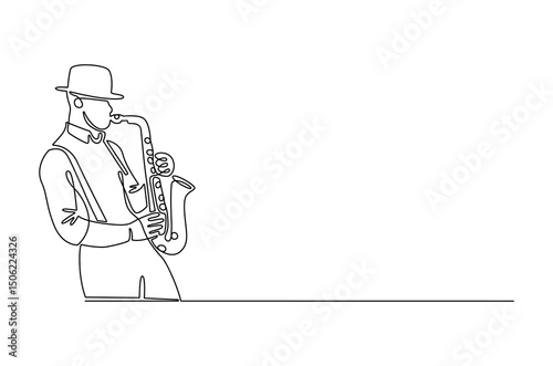 Continuous one line drawing of Young male saxophonist. Single line drawing illustration of musician playing the saxophone. Poster for music event concept vector art. Doodle line illustration.