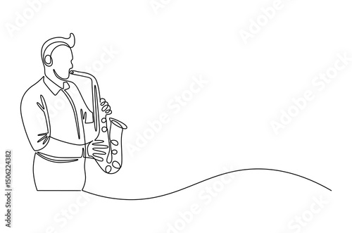 Continuous one line drawing of Young male saxophonist. Single line drawing illustration of musician playing the saxophone. Poster for music event concept vector art. Doodle line illustration.