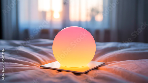 A close-up photograph of a glowing spherical LED light on a white square base, positioned on rumpled light gray bedding.