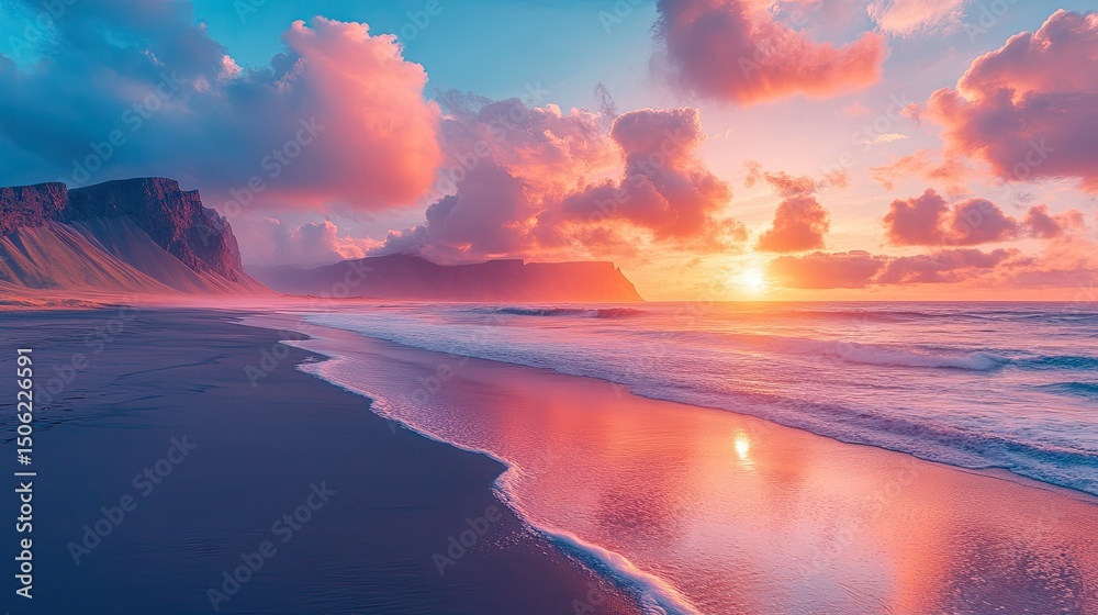 Fototapeta premium A stunning sunset over a beach with dramatic clouds.