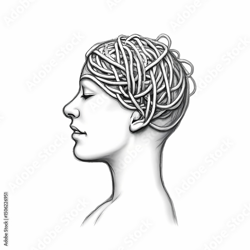 Visual Metaphor of Anxiety: Messy Threads on Human Head

