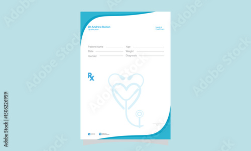 A prescription pad with doctor's name patient information and stethoscope heart graphic in blue and white