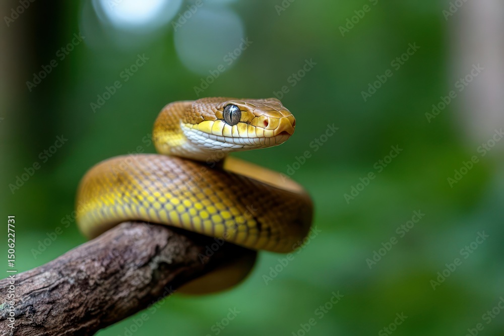 Fototapeta premium Elegant Yellow Snake Coiled on Branch in Tropical Forest