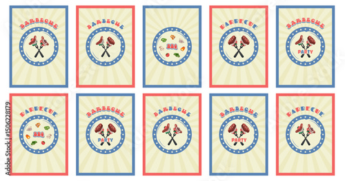 4th of July BBQ Party card set. Bbq Celebration. Independence Day holiday posters with national American symbols. Barbecue grill. Doodle hand drawn retro cards. Vector