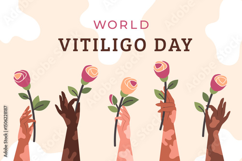 World vitiligo day. Diverse female hands with vitiligo patches. Womens hands of different nationalities holding flowers. Skin diversity concept. Body positive and self love. Vector illustration