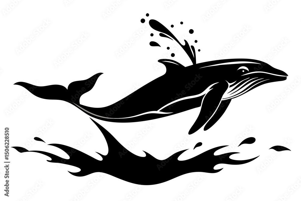 Fototapeta premium Whale Breaching Black and White Silhouette Marine Life Design