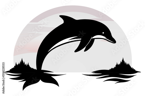 Dolphin Silhouette Leaping from Ocean Waters with Lunar Backdrop and Islands