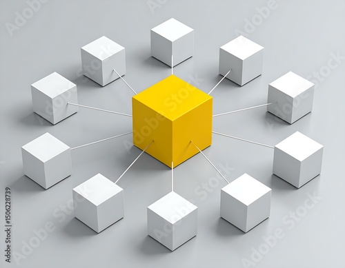 Centralized Network Yellow Cube Connected to White Cubes