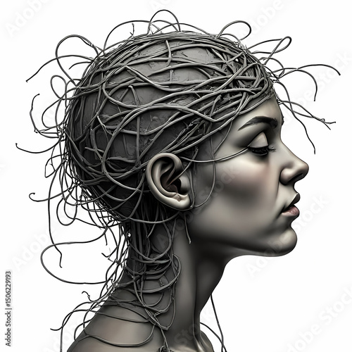 Tangled Thoughts: Human Head Illustration Representing Stress

