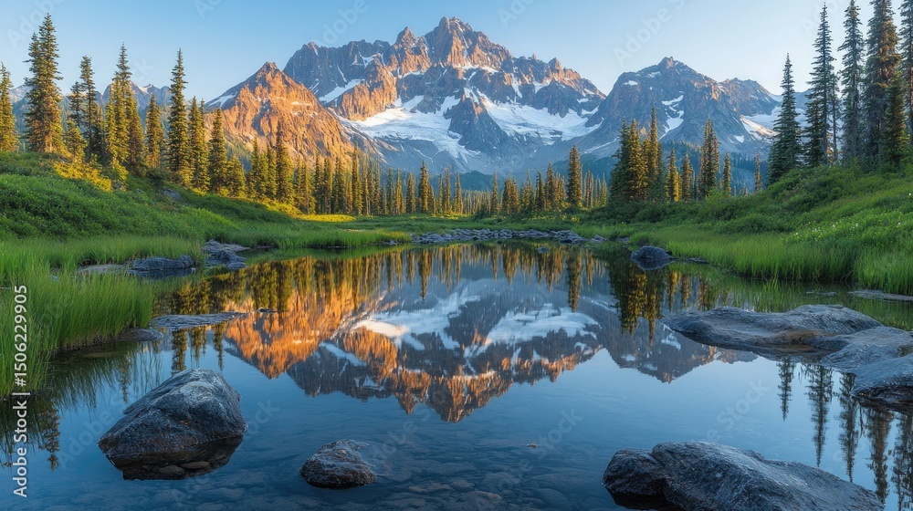 Fototapeta premium Mountain reflection in a calm alpine lake.