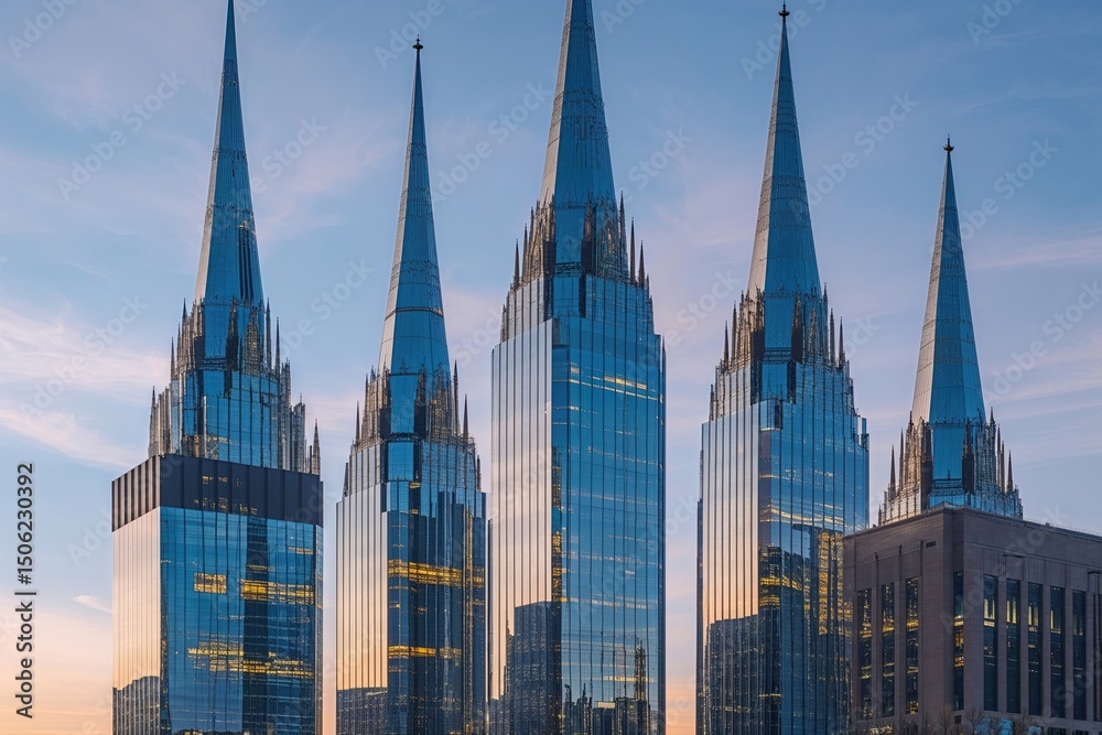 Naklejka premium Majestic Reflective Spires in a Professional Work Hub Building