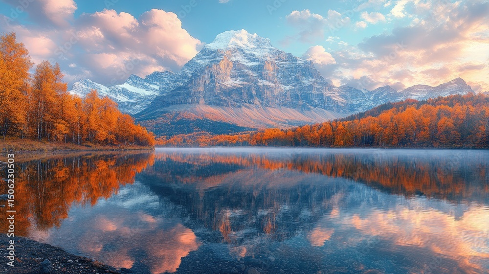 Obraz premium Serene autumn lake nestled amongst snow-capped mountains.