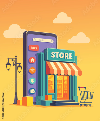 Online shopping concept with smartphone and storefront in flat vector illustration Perfect for websites, apps, business presentations, and marketing  related to online stores and internet shop