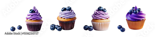 Four colorful cupcakes with blueberry toppings and purple frosting for dessert lovers.