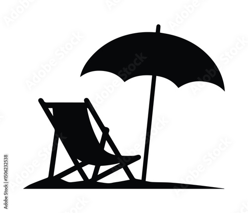 Summer beach chair and umbrella logo, foldable chair for relaxing Icon, Beach Chair and Umbrella Vector, Black Silhouette Summer Icon for Vacation and Outdoor Relaxation Design.