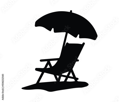 Summer beach chair and umbrella logo, foldable chair for relaxing Icon, Beach Chair and Umbrella Vector, Black Silhouette Summer Icon for Vacation and Outdoor Relaxation Design.