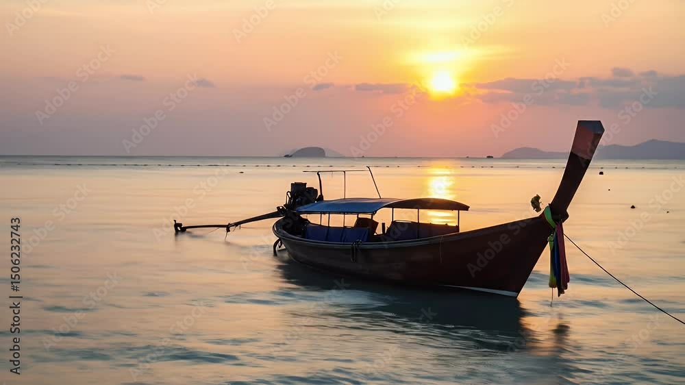 Sunrise over calm water with a longtail boat Sunrise over calm water with a longtail boat