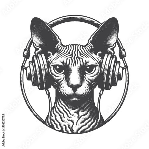Vintage Hand-Drawn Sphynx Cat with Headphones and Relaxed Face Illustration – Cool Pet Engraved Style Vector for T-Shirts, Posters, Stickers, and Music Lover Themes Apparel