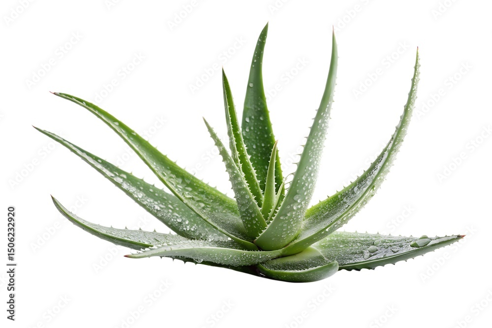 Fototapeta premium Healthy aloe vera plant with vibrant green leaves covered in water droplets